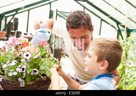 Padre e Figlio Impianti di irrigazione in serra Foto Stock