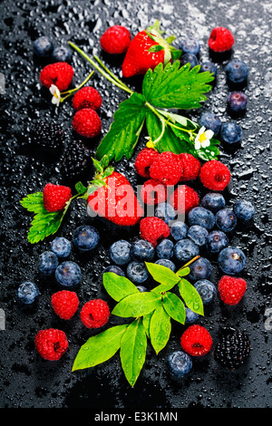 Frutti di bosco freschi su sfondo scuro. Fragole, lamponi e mirtilli. La salute, la dieta, giardinaggio, concetto di raccolto Foto Stock