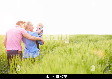 Famiglia passeggiate nel campo portando giovane figlio bambino Foto Stock