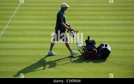 Il taglio di erba Centre Court i campionati di Wimbledon 20 All England Tennis Club Wimbledon Londra Inghilterra 24 Giugno 2014 Foto Stock