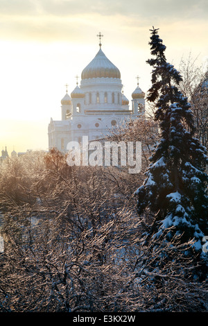 Chiesa ortodossa di Cristo Salvatore e alberi dopo la tempesta di ghiaccio a Mosca, Russia Foto Stock