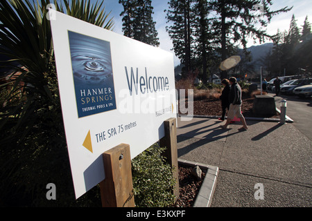 Segno di benvenuto a Hanmer Springs Piscine Termali e Spa, Nuova Zelanda Foto Stock