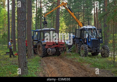 Rottura del trattore in legno. Il trattore arare un solco di divisione luoghi di foresta a firestorm. Foto Stock