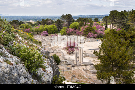 Rovine di Glanum panoramica del sito guardando verso sud. Le estese rovine della città romana in primavera. Panoramica dettagliata. Foto Stock