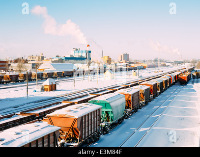 Commodity freight wagons and train on rails in Belarussian railway station. The top view. Winter 2013-2014, snow, frost Foto Stock