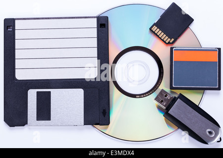 Selezione del computer di diversi dispositivi di storage per i dati e le informazioni tra cui un CD-DVD, floppy disc, chiave USB, scheda compact flash e scheda SD visualizzata in una disposizione ordinata dal tettuccio Foto Stock