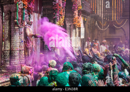 La gente celebra Holi festival 2014, Vrindavan, India. Foto Stock