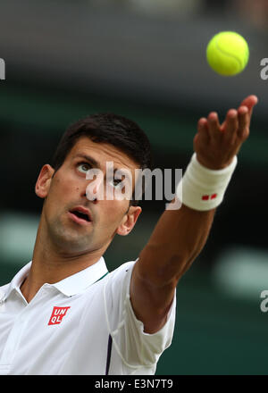 Londra, Gran Bretagna. Il 25 giugno, 2014. Novak Djokovic di Serbia serve durante gli Uomini Singoli Secondo turno il match contro Radek STEPANEK: risultati nei della Repubblica ceca al 2014 campionati di Wimbledon a Wimbledon, a sud-ovest di Londra, Gran Bretagna, il 25 giugno 2014. Djokovic ha vinto 3-1. Credito: Meng Yongmin/Xinhua/Alamy Live News Foto Stock