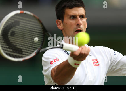 Londra, Gran Bretagna. Il 25 giugno, 2014. Novak Djokovic di Serbia compete durante gli Uomini Singoli Secondo turno il match contro Radek STEPANEK: risultati nei della Repubblica ceca al 2014 campionati di Wimbledon a Wimbledon, a sud-ovest di Londra, Gran Bretagna, il 25 giugno 2014. Djokovic ha vinto 3-1. Credito: Meng Yongmin/Xinhua/Alamy Live News Foto Stock