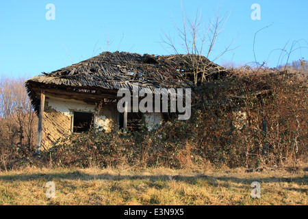 Vecchia casa abbandonata e danneggiata dalle intemperie e tempo, campagna Romania Foto Stock