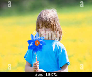 Ragazzo con la girandola in un prato di tarassaco Foto Stock