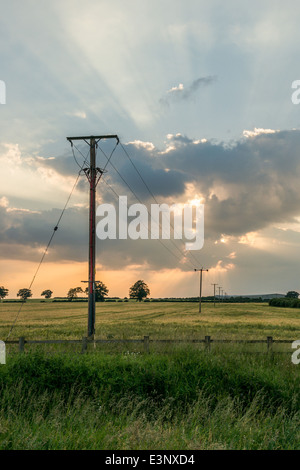 Pali del telegrafo ritirando con un basso sun scoppio attraverso le nuvole Foto Stock