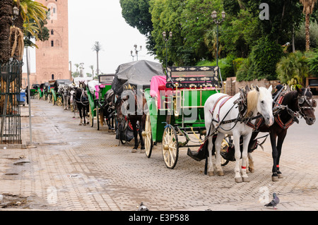 Carrozze trainate da cavalli parcheggiato in una strada di Marrakech, Marocco. Turisti spesso imbrogliati da non concordare il prezzo in anticipo. Foto Stock