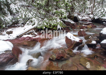 Inizio inverno neve in valanga Creek nel Parco Nazionale di Glacier, Montana, USA Foto Stock