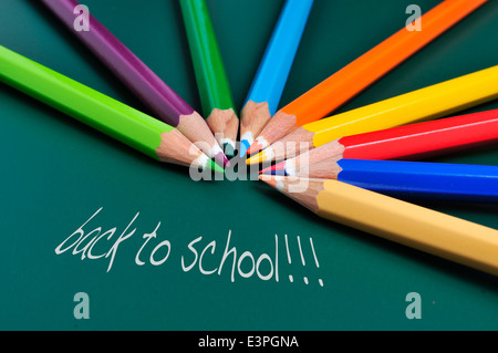 Frase torna a scuola e alcune matite di diversi colori su una lavagna verde Foto Stock