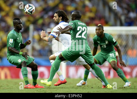 (140624) -- FORTALEZA, Giugno 24, 2014 (Xinhua) -- la Grecia Georgios Samaras (2 L) si rompe durante un gruppo C match tra la Grecia e la Costa d'Avorio del 2014 FIFA World Cup al Estadio Castelao Stadium di Fortaleza, Brasile, 24 giugno 2014. (Xinhua/Yang Lei)(xzj) Foto Stock
