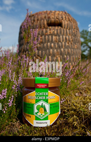 Tradional alveari (skeps) realizzato dalla paglia con un bicchiere di miele. Lueneburg Heath, Bassa Sassonia, Germania Foto Stock