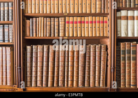 Libri antichi allineati ordinatamente e visualizzati su scaffali per libri in biblioteca a Tatton Park, Cheshire, Regno Unito Foto Stock