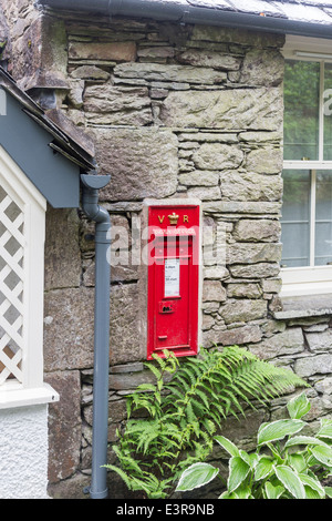 Rosso VR Vittoriano postbox in pietra a secco un muro di una casa di campagna vicino a Grasmere, Lake District, Cumbria, Regno Unito Foto Stock