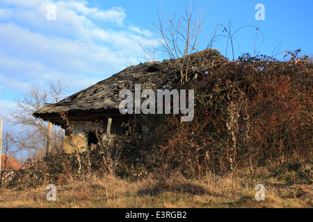 Vecchia casa abbandonata e danneggiata dalle intemperie e tempo, campagna Romania Foto Stock