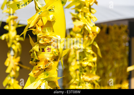 Nastri giallo appendere fuori del municipio di Seoul il 6 maggio 2014 in memoria delle vite perse in traghetto Sewol tragedia. Foto Stock