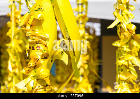 Nastri giallo appendere fuori del municipio di Seoul il 6 maggio 2014 in memoria delle vite perse in traghetto Sewol tragedia. Foto Stock