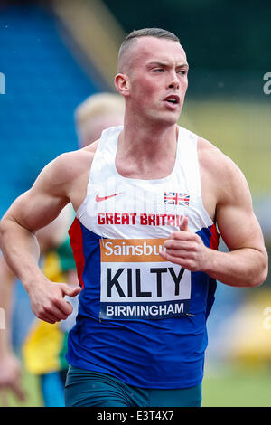 Birmingham, Regno Unito. Il 28 giugno, 2014. Richard KILTY (Gateshead) in azione nelle manche per gli Uomini 100m durante la Sainsbury's British Atletica da Alexander Stadium. Credito: Azione Sport Plus/Alamy Live News Foto Stock