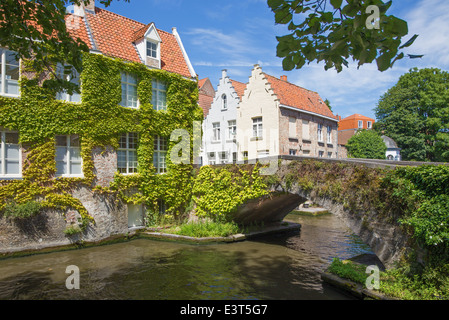 Bruges - guarda al canale e vecchio piccolo ponte nella Ivy da Steen Wersdijk street. Foto Stock