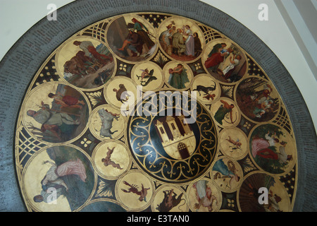 Calendario originale piastra dell'Orologio Astronomico di Praga da Josef Manes nel museo della città di Praga a Praga, Repubblica Ceca. Foto Stock