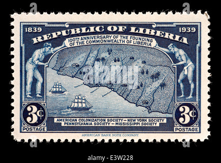 Francobollo dalla Liberia raffigurante la costa della Liberia, rilasciati per il secolo della sua fondazione. Foto Stock