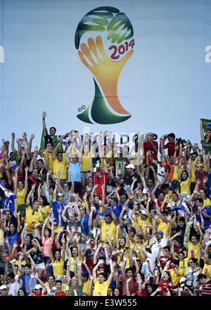 (140629) -- Recife, 29 giugno 2014 (Xinhua) -- i tifosi di calcio allegria durante un turno di 16 match tra Costa Rica e Grecia del 2014 FIFA World Cup presso l'Arena Pernambuco allo Stadio di Recife, Brasile, il 29 giugno 2014.(Xinhua/Lui Siu Wai)(pcy) Foto Stock
