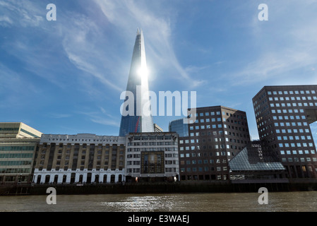 Vista dal fiume Tamigi. Nel tardo pomeriggio sole illumina la skyline di Londra. La Shard è il grattacielo più alto in Western Euro Foto Stock