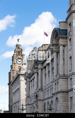 Guardando verso l'alto la torre dell orologio del Royal Liver Building in Liverpool. Foto Stock