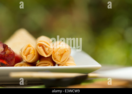 Cucina cinese antipasti su un vassoio esterno, compresi involtini primavera, nervature e di sesamo boreale su pane tostato Foto Stock