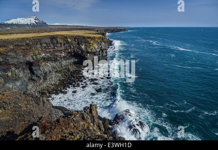 Coste rocciose a Arnarstapi, Snaefellsnes Peninsula, Islanda Foto Stock