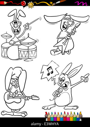Libro da colorare o pagina Cartoon illustrazione del bianco e nero conigli divertente suonare la musica rock e il Canto per bambini Foto Stock