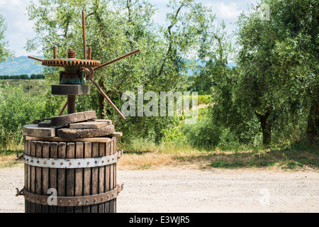 Vinatge frantoio e ulivi sulla backgrund Foto Stock