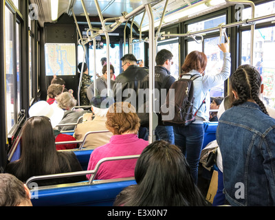 Passeggeri in sella all'interno del bus pubblico, NYC, STATI UNITI D'AMERICA Foto Stock