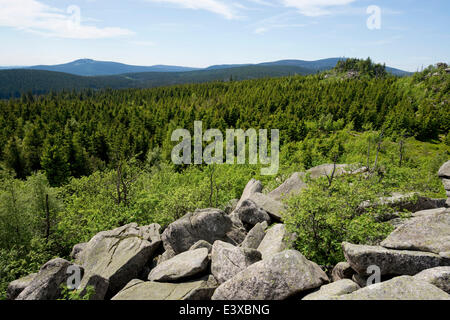 Vista da Hohnekamm sella a Monte Wurmberg, sinistra e Mt Brocken, destra, Parco Nazionale di Harz, Sassonia-Anhalt, Germania Foto Stock