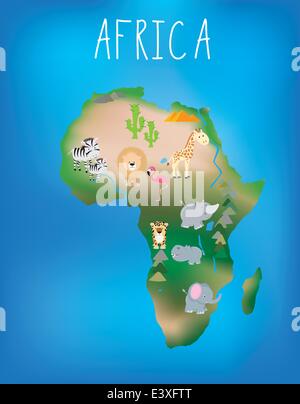 Mondo africano mappa brillantemente illustrati con graziosi child friendly animali Illustrazione Vettoriale