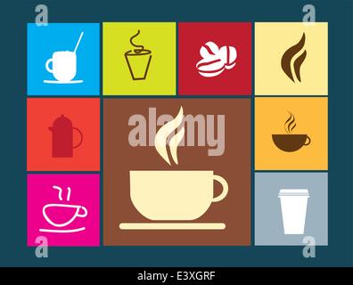 Selezione di simboli o icone per caffè e negozi di caffè isolato su colorati pulsanti piatta Illustrazione Vettoriale