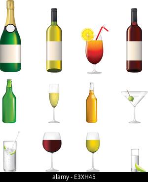 Vino, Champagne, shorts, cocktail, illustrazioni vettoriali delle bevande alcoliche Illustrazione Vettoriale