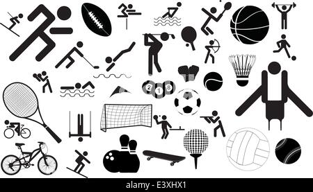 Sport icona set di caratteri in diverse posizioni e oggetti Illustrazione Vettoriale