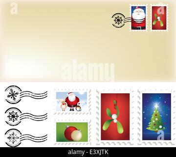 Illustrazione di christmas santa lettera e i timbri e i marchi di affrancatura postale Illustrazione Vettoriale