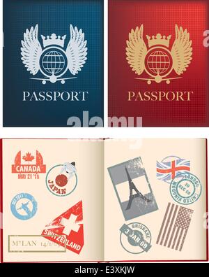 Otside e iside pagine di un rosso e blu con passaporto francobolli, utilizza la maglia di gradiente Illustrazione Vettoriale