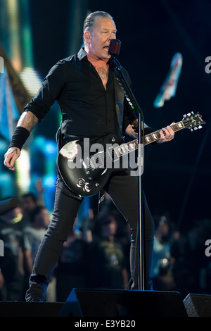 I Metallica suona al Glastonbury festival di musica, Inghilterra, Sabato, 28 giugno 2014. Foto Stock