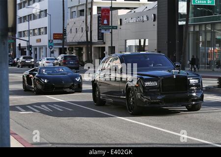 James Stunt guida nella sua nera Lamborghini Aventador in Beverly Hills offre: James Stunt dove: Los Angeles, California, Stati Uniti quando: 05 Dic 2013 Foto Stock