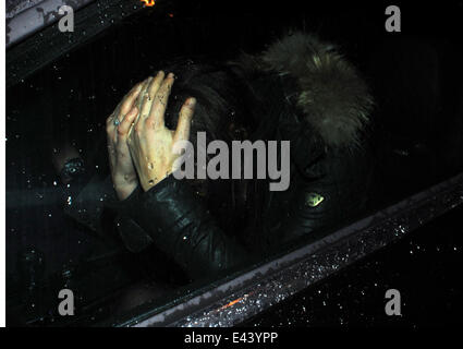 Pippa Middleton e Nico Jackson lasciando Bo Lang in Chelsea. Come Pippa entra in una vettura che mette la sua testa con le mani nel tentativo di nascondere la sua faccia da fotografi in attesa al di fuori. Dotato di: Pippa Middleton dove: Londra, Regno Unito quando: 22 gen Foto Stock