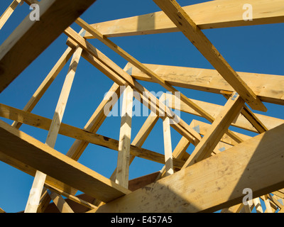 Auto casa Costruzione, costruzione tetto, tetto prefabbricato a capriate fissato in posizione Foto Stock