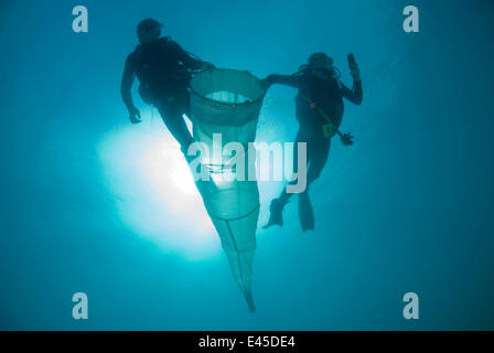 Jo Browne e Kade Mills utilizzare un cilindro a forma di cono di plancton net a campione dello zooplancton gelatinoso per Coral Reef censimento, Lizard Island, Queensland, Australia, Aprile 2008 Foto Stock